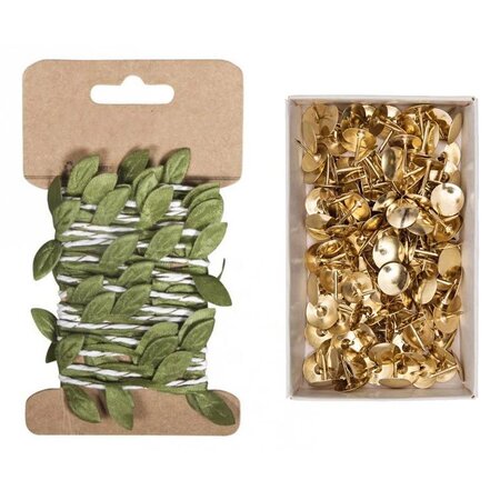 Guirlande de feuilles vertes papier 2 m + 150 punaises dorées
