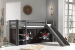 PINO Lit mezzanine avec toboggan pin massif Gris + Rideau pour lit en 4 parties Pirates
