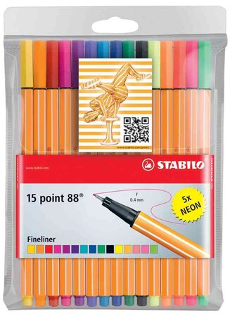 Pochette de 15 stylo-feutre point 88 pointe fine 0 4 mm dont 5 fluo stabilo