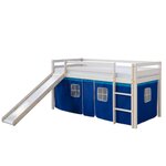 Lit Simple Blanc 90x200 en hauteur avec echelle et rideau bleu et toboggan