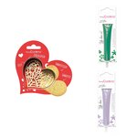 Kit pour biscuit en relief Coeur + 2 Stylos au chocolat vert et lilas