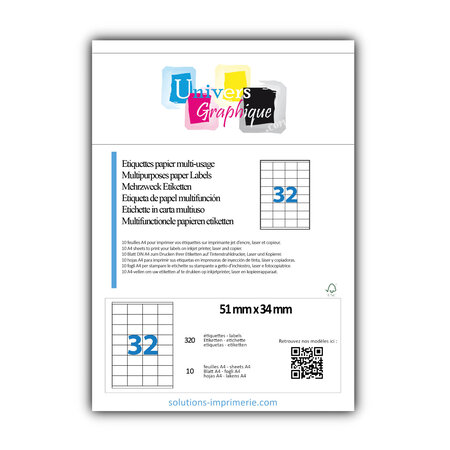 Lot de 10 planches a4 de 32 étiquettes à bords vifs 51 x 34 mm en papier blanc 70g/m² multifonction
