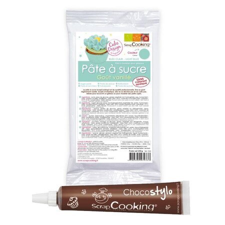 Pâte à sucre bleu clair arôme vanille 250 g + stylo chocolat