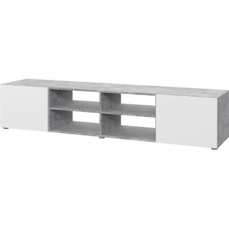 PILVI Meuble TV - Blanc et béton gris clair - L 180 x P 42 x H 37 cm