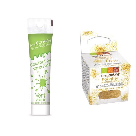 Gel colorant alimentaire vert clair + paillettes dorées