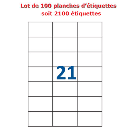 Lot de 100 planches étiquettes autocollantes sur feuille a4 : 70 x 42,3 mm (21 étiquettes par feuille)