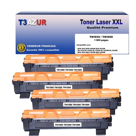 4 toners compatibles avec brother tn1050 pour brother hl1110  hl1112  hl1210w  hl1212w - 1 000 pages - t3azur